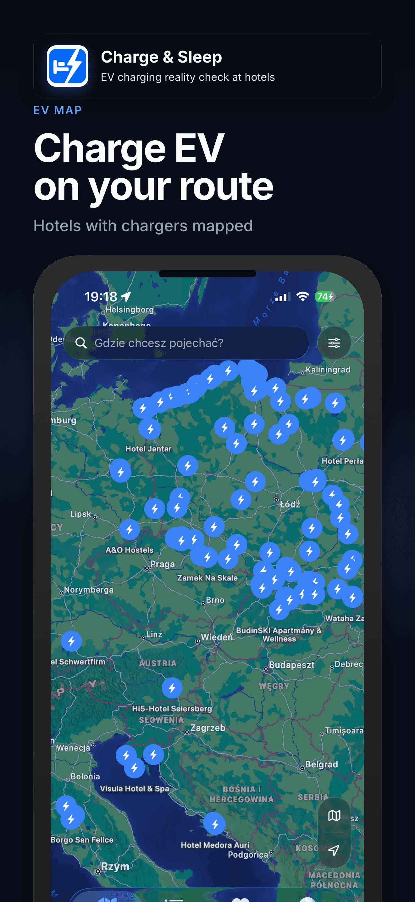 Kartenansicht mit EV-Hotels in der Charge-&-Sleep-App