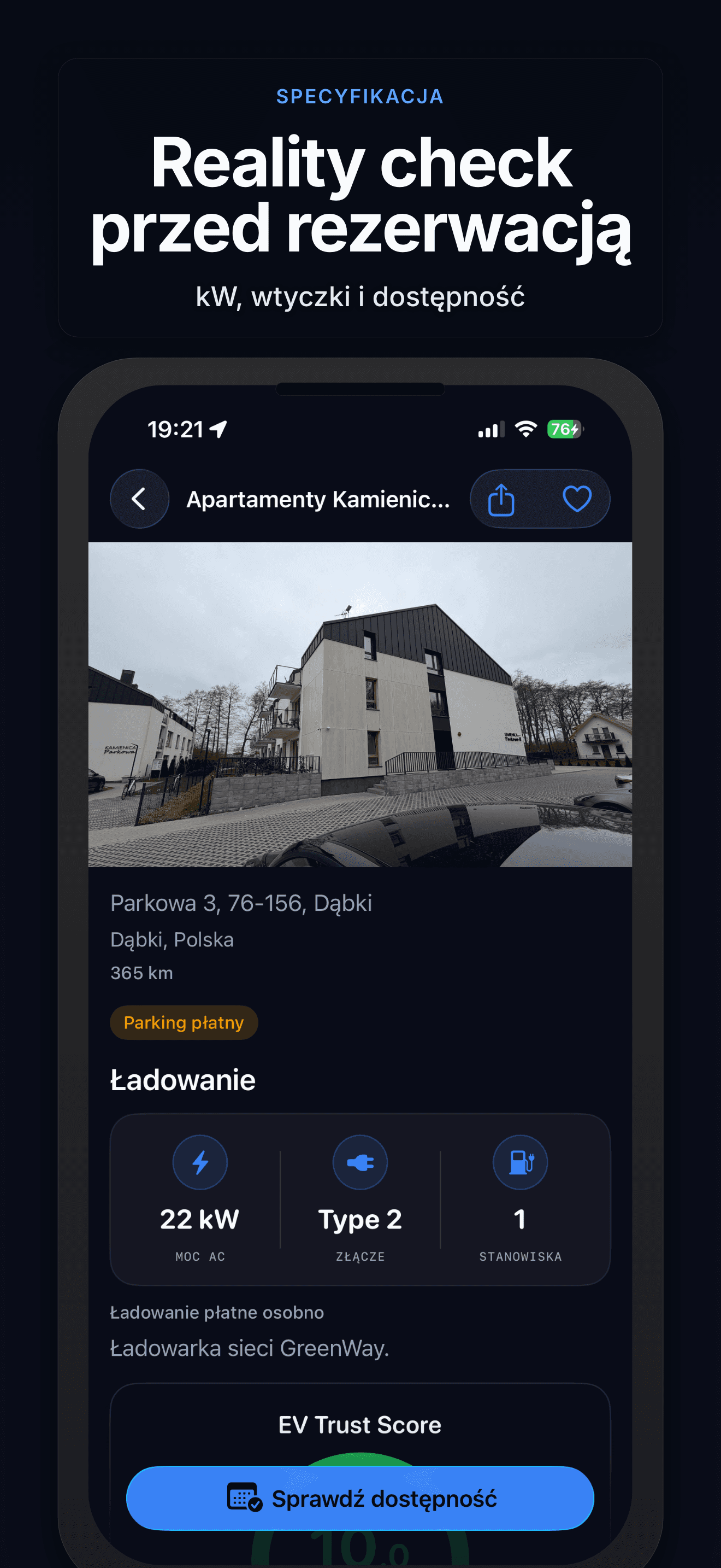 Szczegóły hotelu i specyfikacja ładowarki